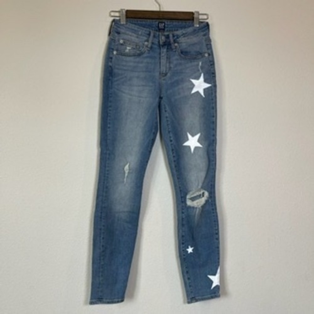 Gap Curvy True Skinny Jeans Womens 26R Custom Upcycled Star Print Distress Blue